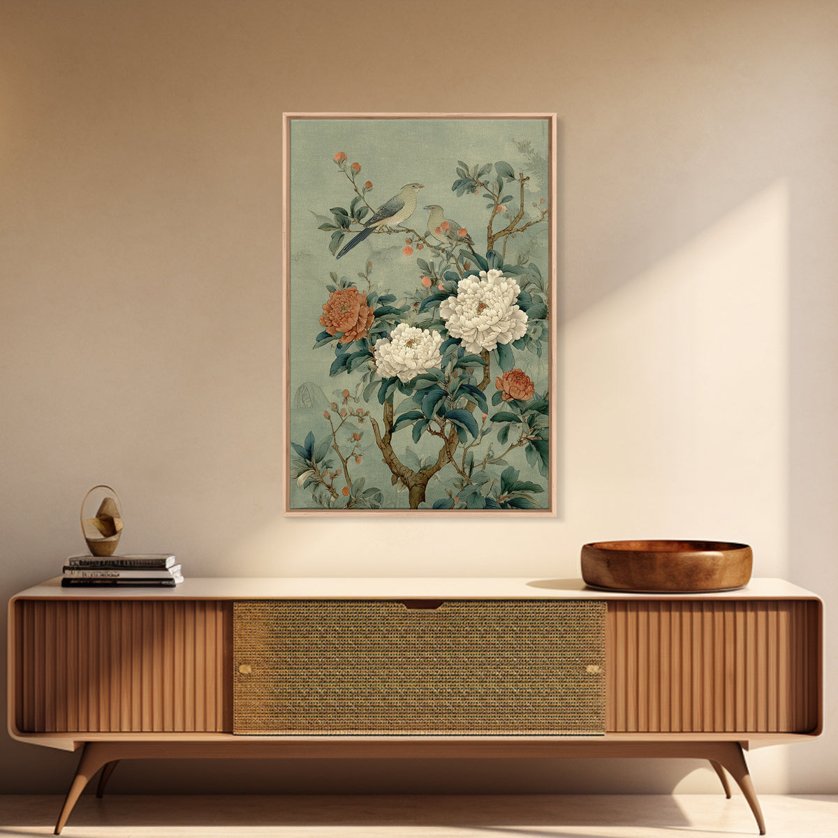 Fan Shaped Composition of Blossoms and Birds Framed Canvas Print, Asian Inspired Art, Wall Art, Living Room Decor, Harmony, ASI-2x3-25