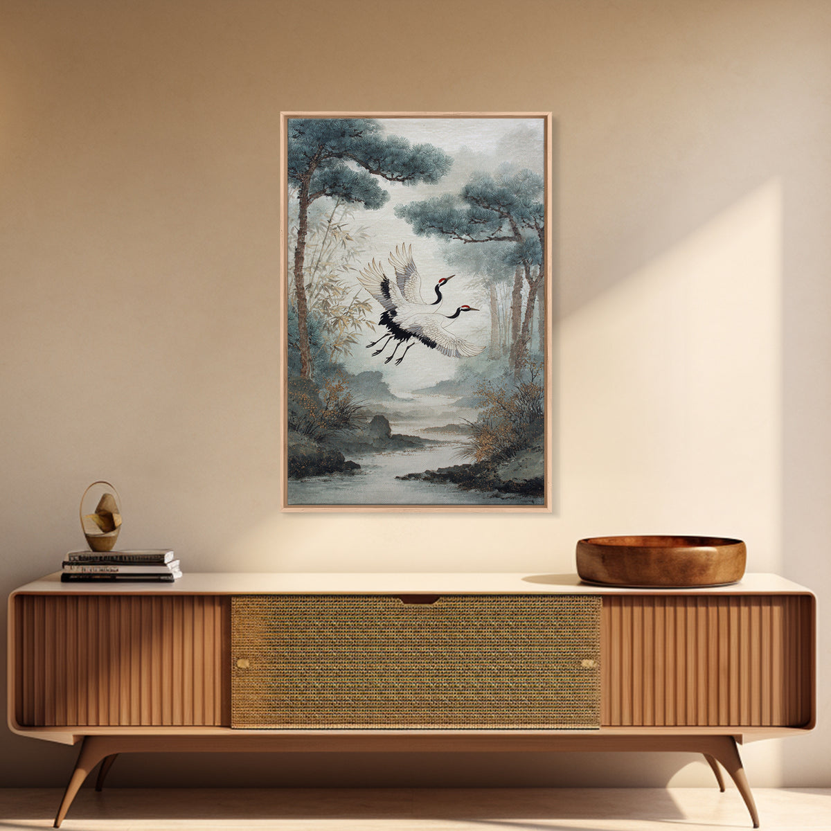 Red Crowned Cranes Flying Through Misty Pine Canvas Print, Asian Inspired Art, Printable Art, Living Room Decor, Harmony, ASI-2x3-33