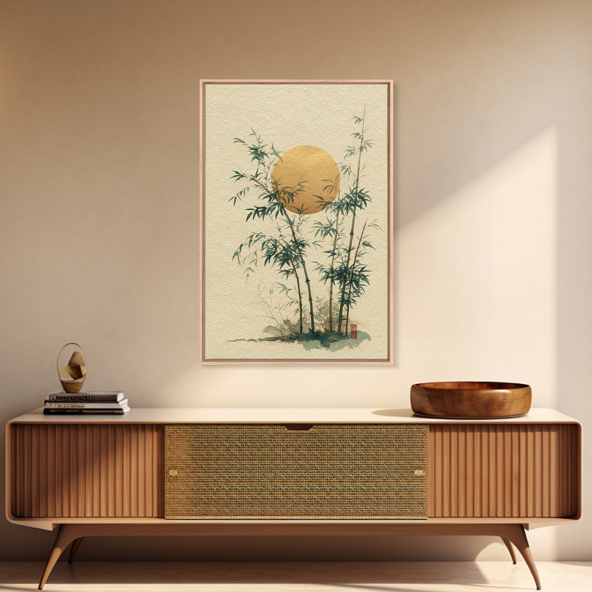 Golden Moon Behind Bamboo Silhouettes Canvas Print, Asian Inspired Art, Living Room Decor, Fine Art, Harmony, Floral Art, ASI-2x3-61
