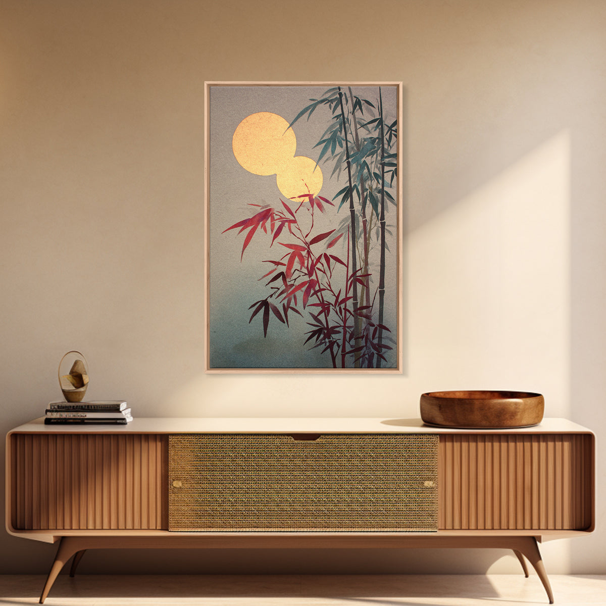 Golden Moon Behind Bamboo Silhouettes Framed Canvas Print, Asian Inspired Art, Japandi Wall Art, Living Room Decor, Harmony, ASI-2x3-85