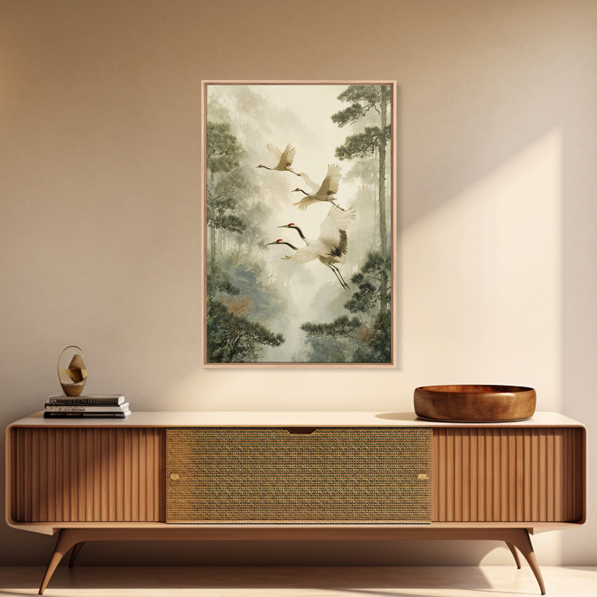 Red Crowned Cranes Flying Through Misty Pine Canvas Print, Asian Inspired Art, Poster, Living Room Decor, Fine Art, Harmony, ASI-2x3-9
