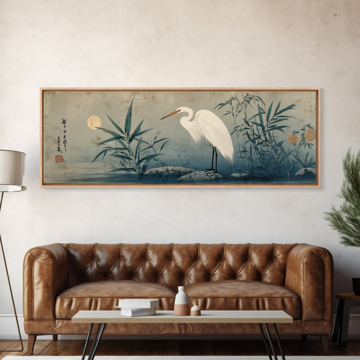 White Heron Standing Framed Canvas Print, Asian Inspired Art, Bedroom Wall Decor, Living Room Decor, Fine Art, Harmony, ASI-3x1-1