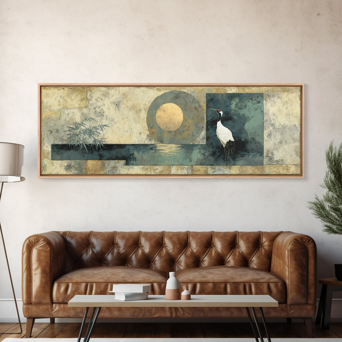 Crane and Moon Composition Canvas Print, Asian Inspired Art, Indian Art, Living Room Decor, Fine Art, Harmony, Neutral Decor, ASI-3x1-16