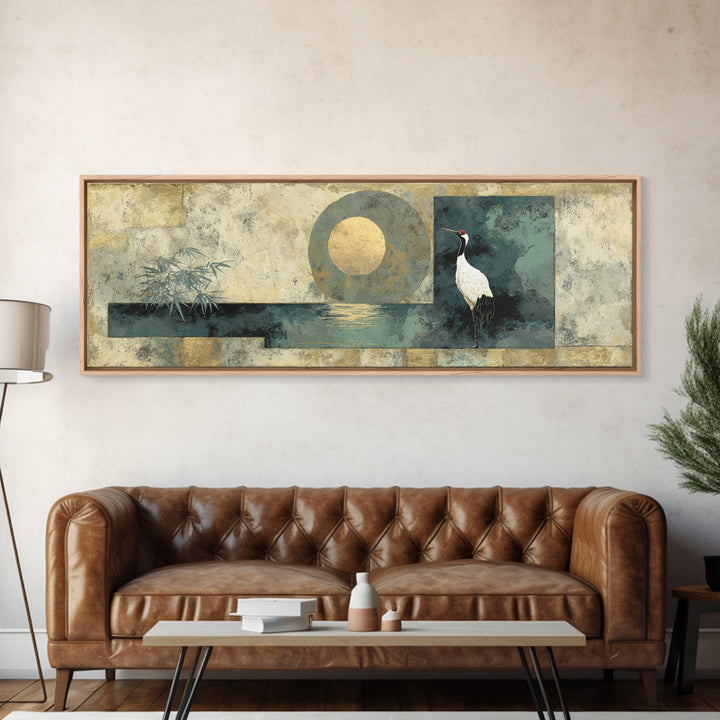Crane and Moon Composition Canvas Print, Asian Inspired Art, Indian Art, Living Room Decor, Fine Art, Harmony, Neutral Decor, ASI-3x1-16