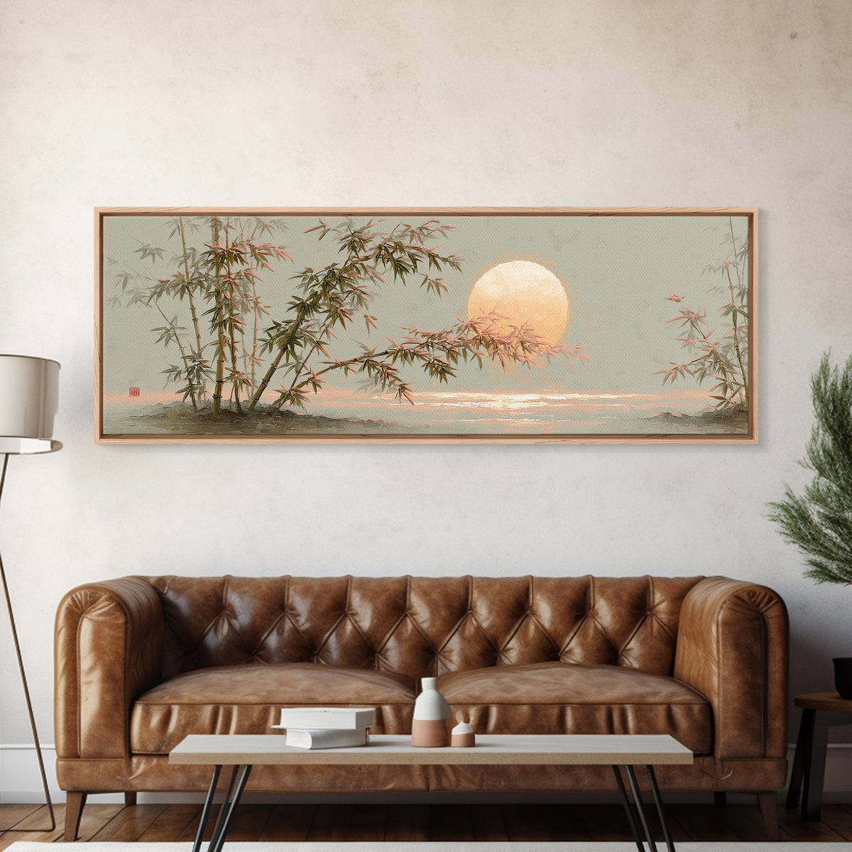Golden Moon Behind Bamboo Silhouettes Canvas Print, Asian Inspired Art, Dark Academia Art, Living Room Decor, Fine Art, Harmony, ASI-3x1-21