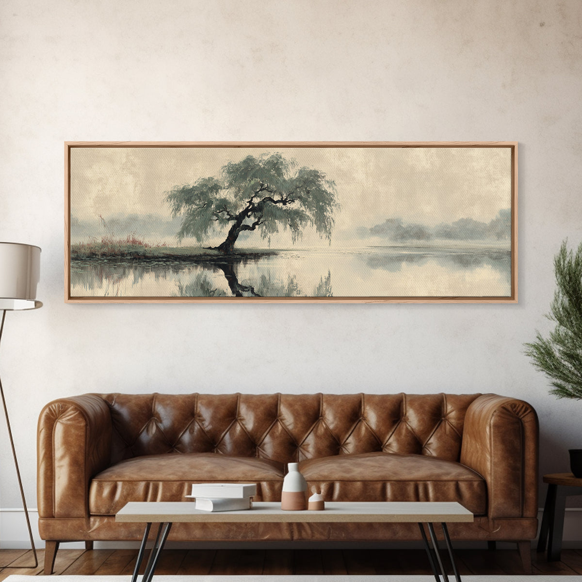 Willow Tree over a Reflective Pond Canvas Print, Asian Inspired Art, Art Nouveau, Living Room Decor, Abstract Art, Harmony, ASI-3x1-34