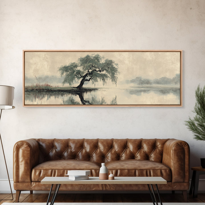 Willow Tree over a Reflective Pond Canvas Print, Asian Inspired Art, Art Nouveau, Living Room Decor, Abstract Art, Harmony, ASI-3x1-34