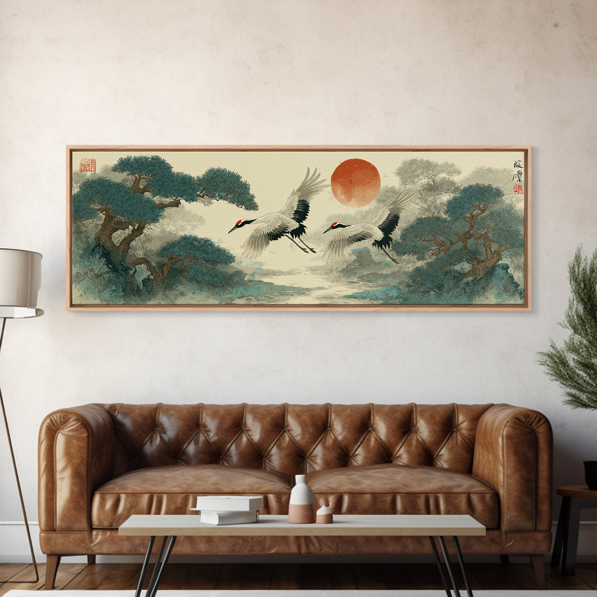 Red Crowned Cranes Flying Through Misty Pine Canvas Print, Asian Inspired Art, Aesthetic Wall Art, Living Room Decor, Harmony, ASI-3x1-41