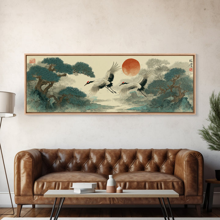 Red Crowned Cranes Flying Through Misty Pine Canvas Print, Asian Inspired Art, Aesthetic Wall Art, Living Room Decor, Harmony, ASI-3x1-41