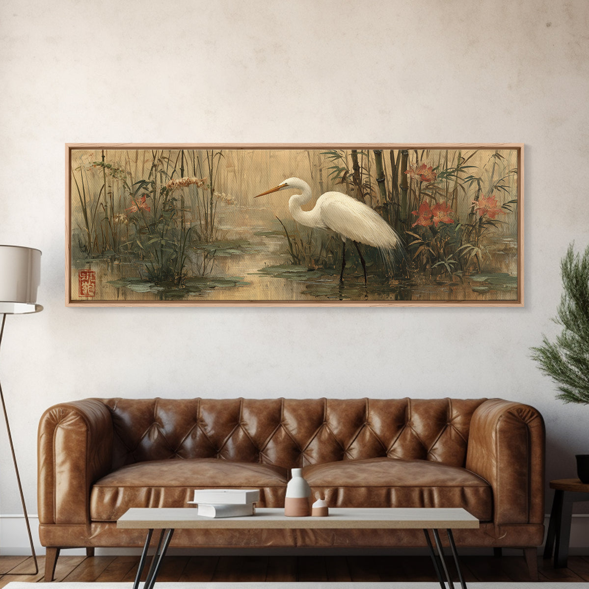 White Heron Standing Canvas Print, Asian Inspired Art, Indian Art, Living Room Decor, Abstract Art, Harmony, Neutral Decor, ASI-3x1-49
