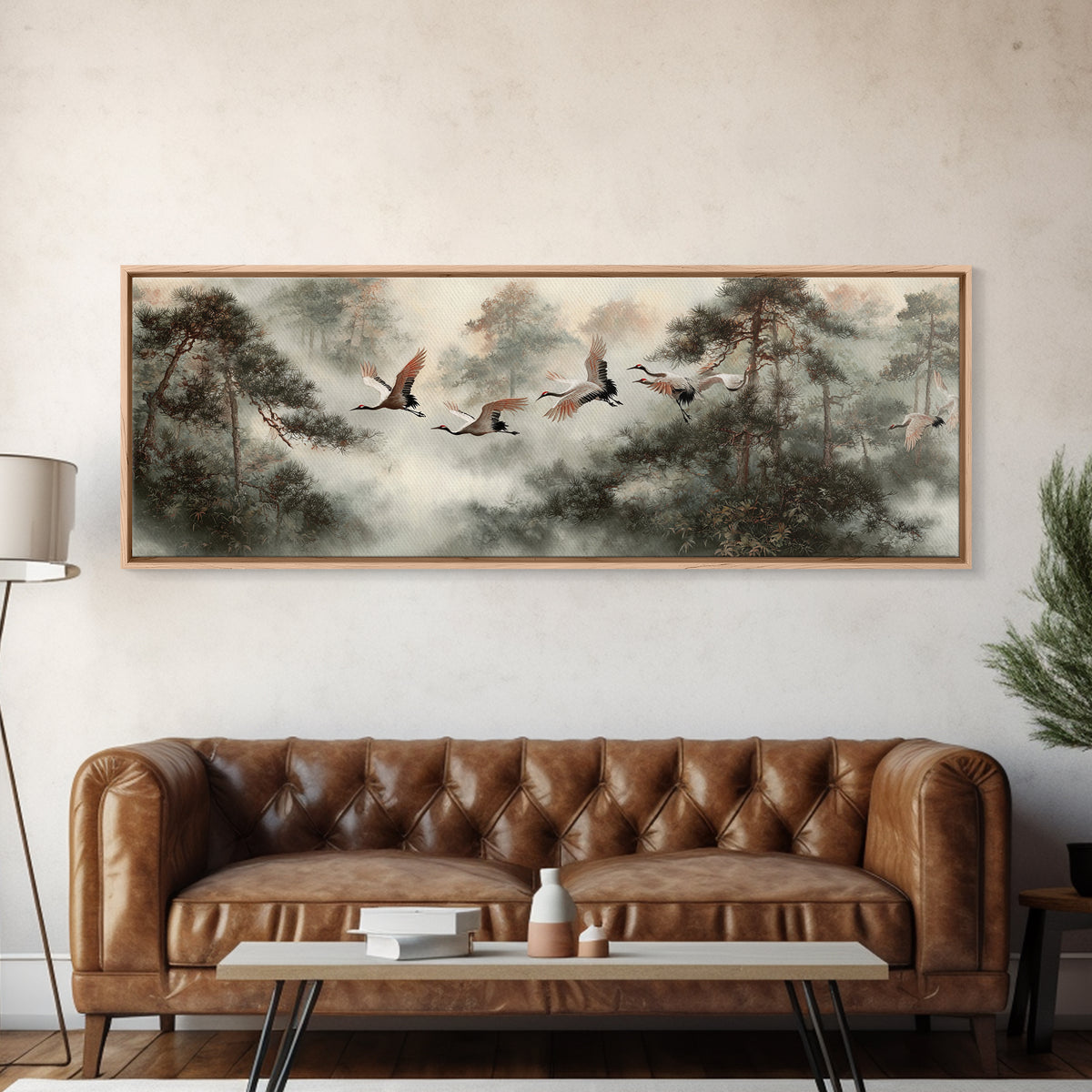 Red Crowned Cranes Flying Through Misty Pine Canvas Print, Asian Inspired Art, Aesthetic Wall Art, Living Room Decor, Harmony, ASI-3x1-65
