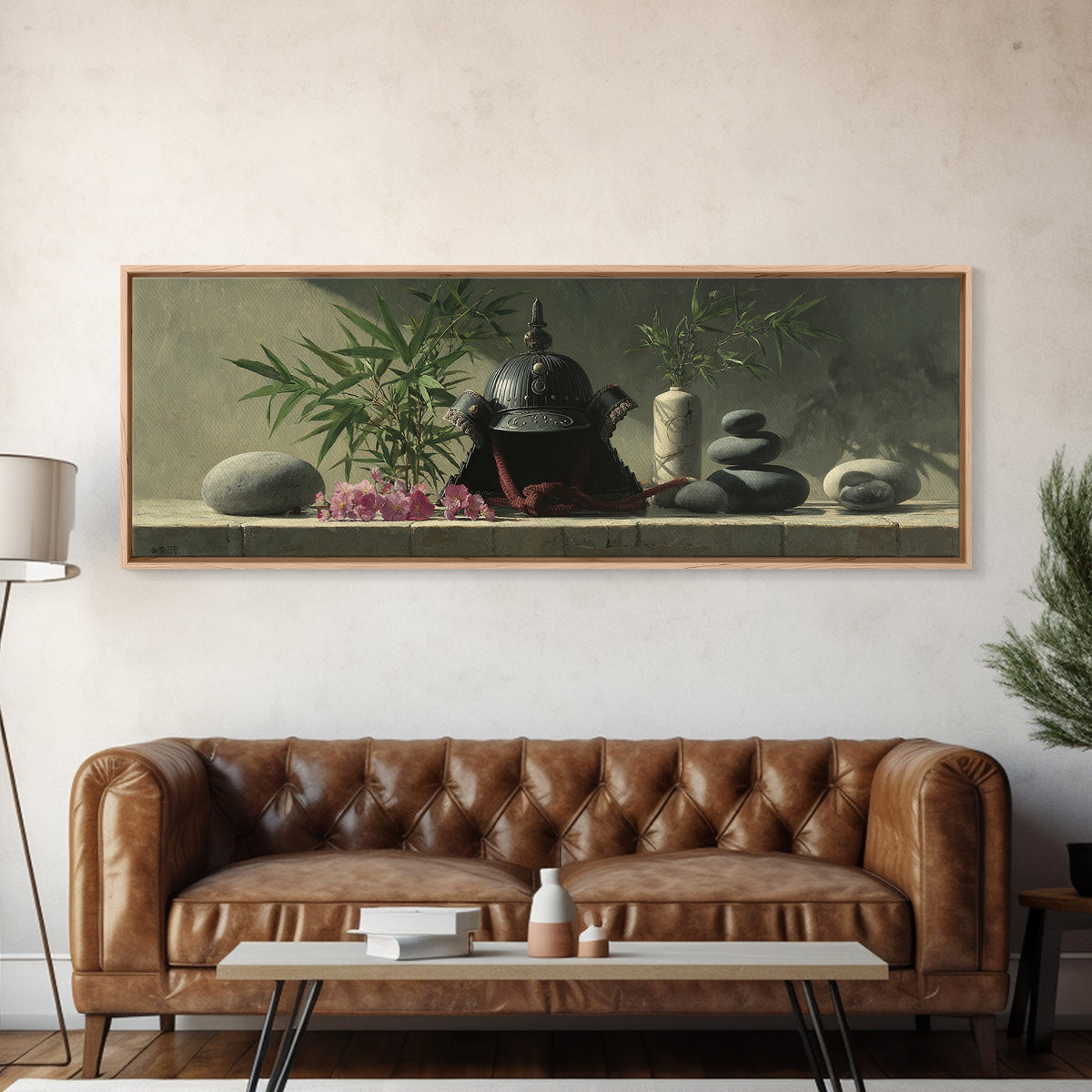 Samurai Helmet Still Life Canvas Print, Asian Inspired Art, Living Room Decor, Fine Art, Harmony, Floral Art, Botanical Print, ASI-3x1-71
