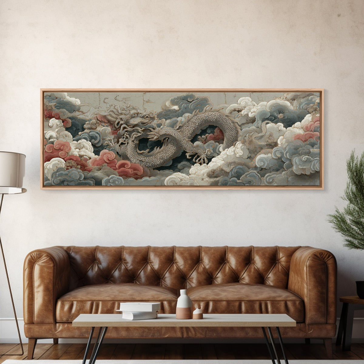 Dragon Curling Through Clouds Framed Canvas Print, Asian Inspired Art, Neutral Wall Art, Living Room Decor, Fine Art, Harmony, ASI-3x1-77