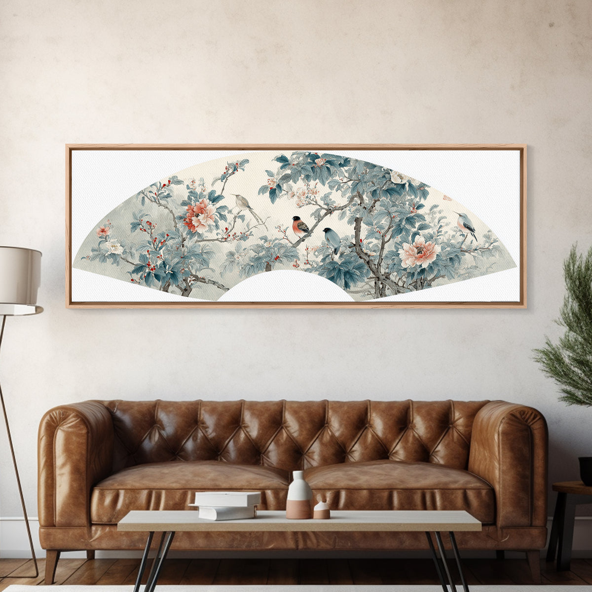 Fan Shaped Composition of Blossoms and Birds Canvas Print, Asian Inspired Art, Floral Art, Living Room Decor, Harmony, ASI-3x1-81