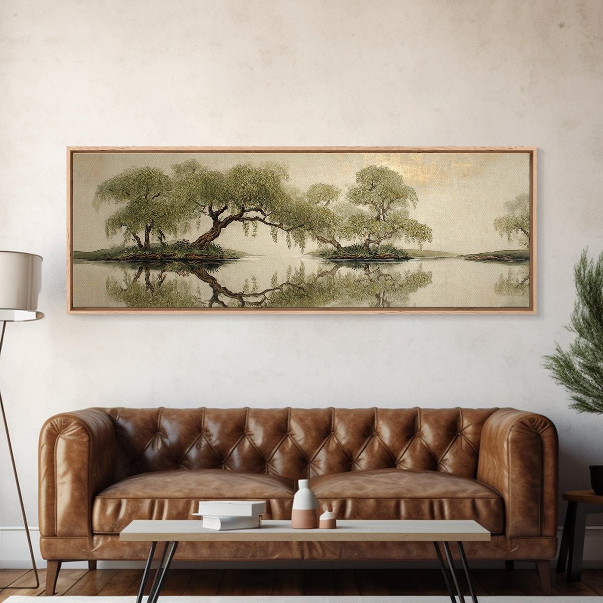 Willow Tree over a Reflective Pond Framed Canvas Print, Asian Inspired Art, Bird Art, Living Room Decor, Fine Art, Harmony, ASI-3x1-82