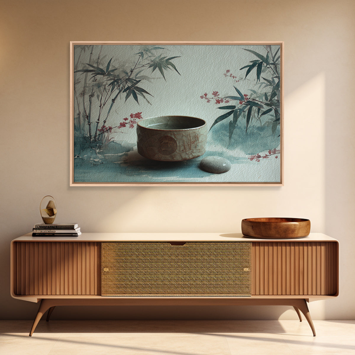 Tea Bowl and Steam Still Life on Framed Canvas Print, Asian Inspired Art, Aesthetic Wall Art, Living Room Decor, Harmony, ASI-3x2-19