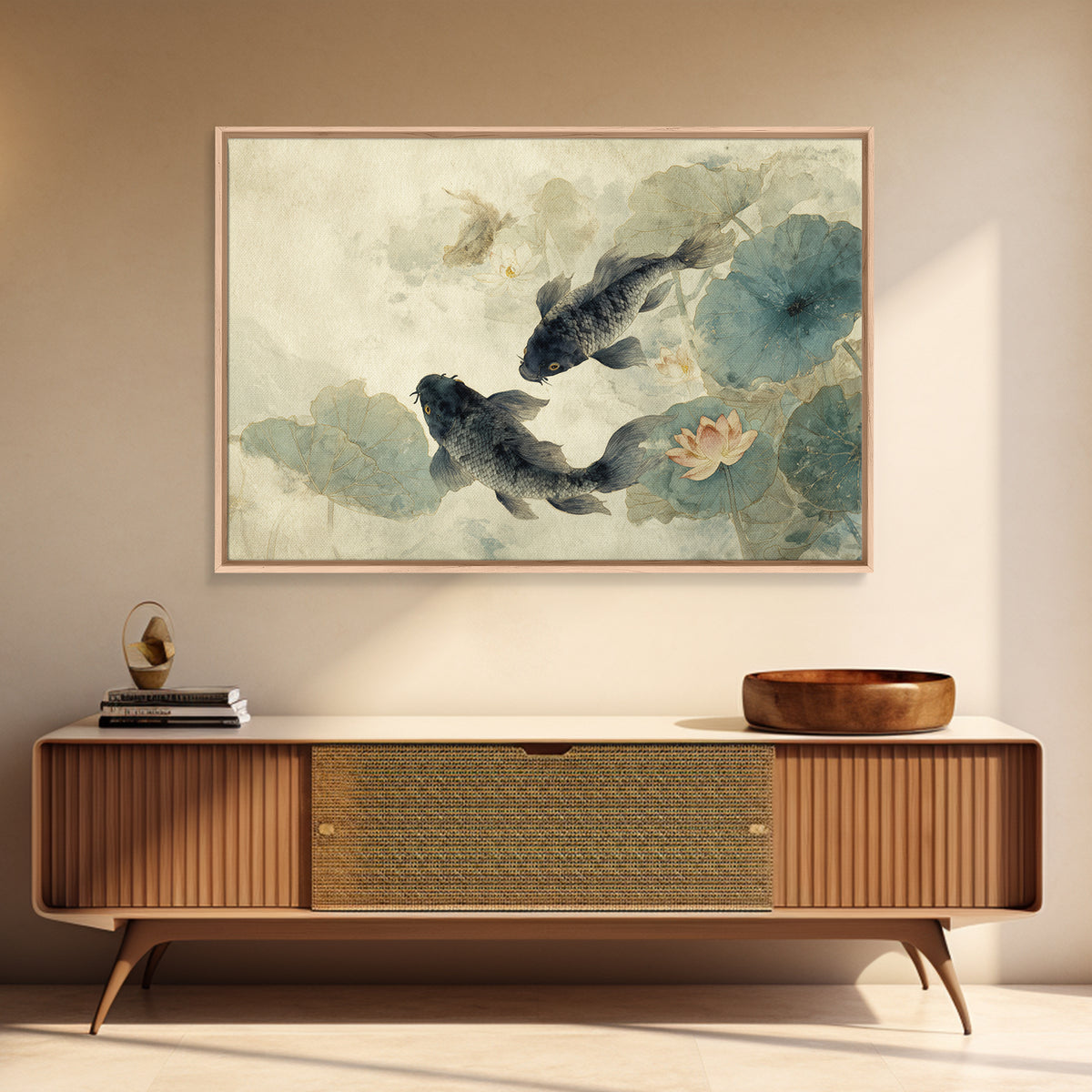 Koi Fish Circling Beneath Floating Lotus Blossoms Canvas Print, Asian Inspired Art, Digital Download Art, Living Room Decor, ASI-3x2-30