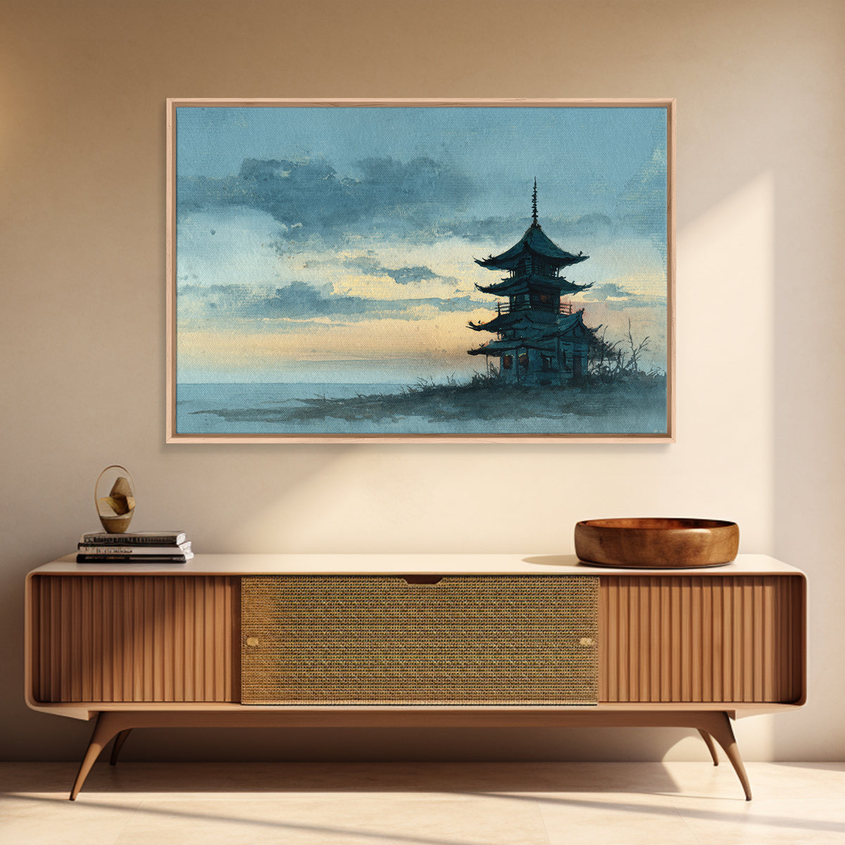 Pagoda Silhouette at Sunset Framed Canvas Print, Asian Inspired Art, Neutral Decor, Living Room Decor, Fine Art, Harmony, ASI-3x2-39