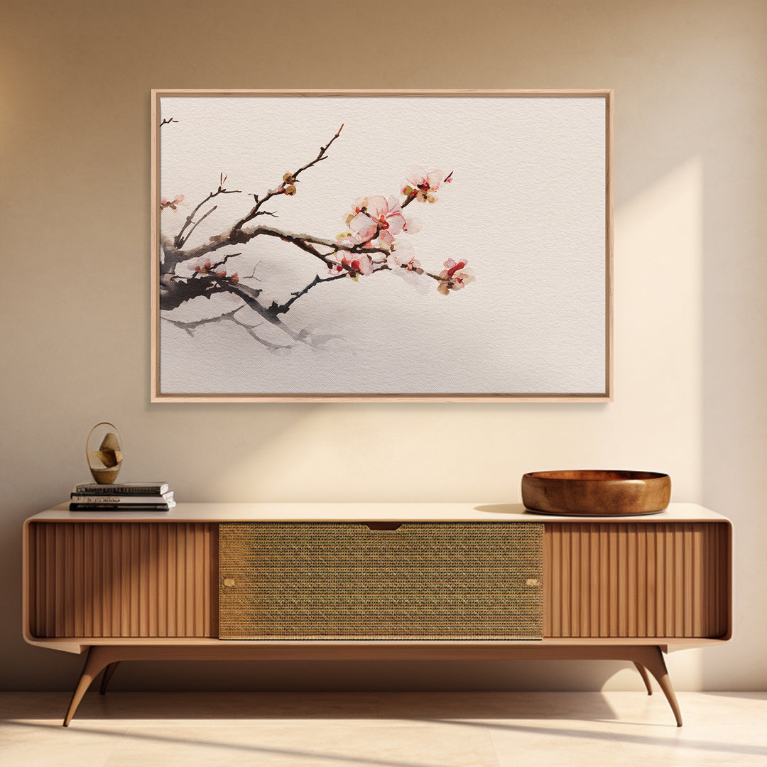 Plum Blossom Branch Painted Framed Canvas Print, Asian Inspired Art, Indian Art, Living Room Decor, Watercolor Art, Harmony, ASI-3x2-40