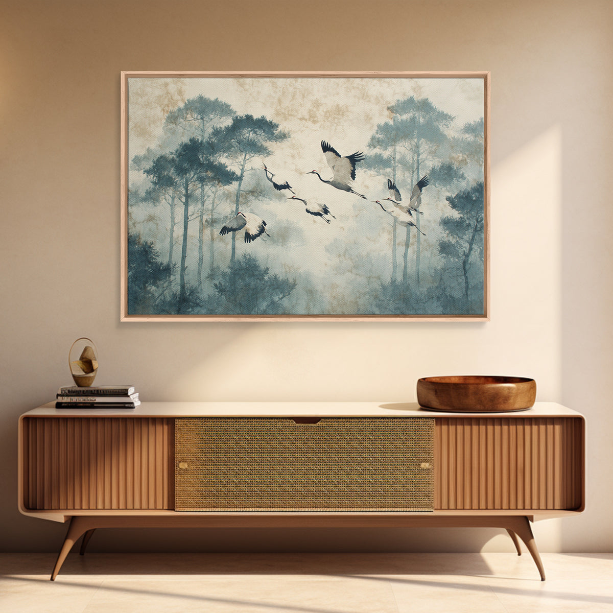 Red Crowned Cranes Flying Through Misty Pine Framed Canvas Print, Asian Inspired Art, Indian Art, Living Room Decor, Harmony, ASI-3x2-5