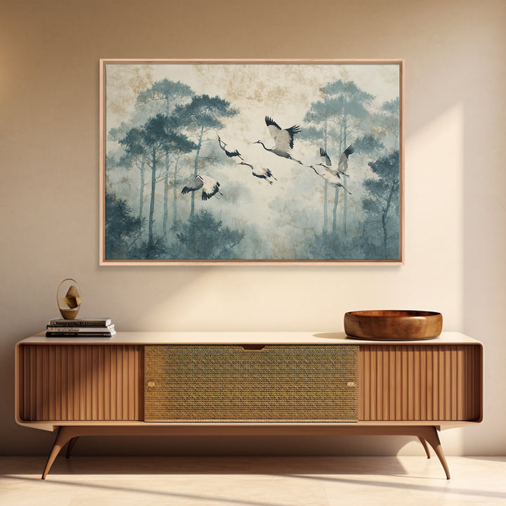 Red Crowned Cranes Flying Through Misty Pine Framed Canvas Print, Asian Inspired Art, Indian Art, Living Room Decor, Harmony, ASI-3x2-5