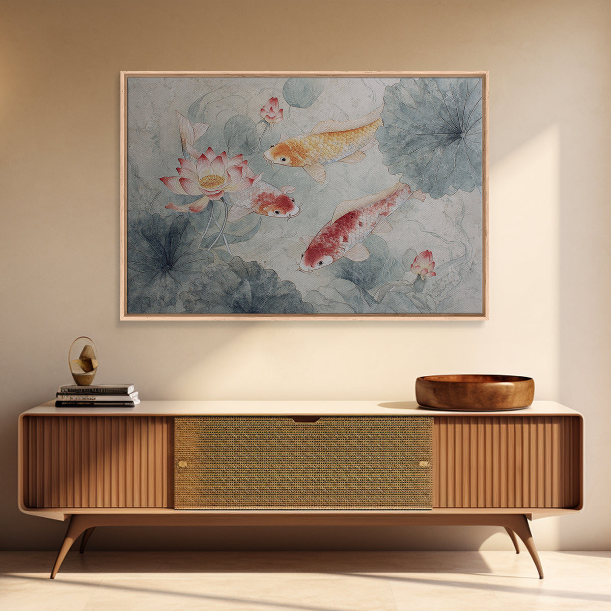 Koi Fish Circling Beneath Floating Lotus Blossoms Canvas Print, Asian Inspired Art, Digital Download Art, Living Room Decor, ASI-3x2-54