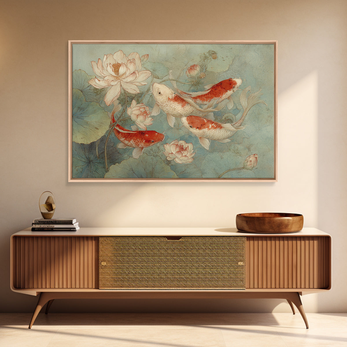 Koi Fish Circling Beneath Floating Lotus Blossoms Canvas Print, Asian Inspired Art, Botanical Print, Living Room Decor, Harmony, ASI-3x2-78