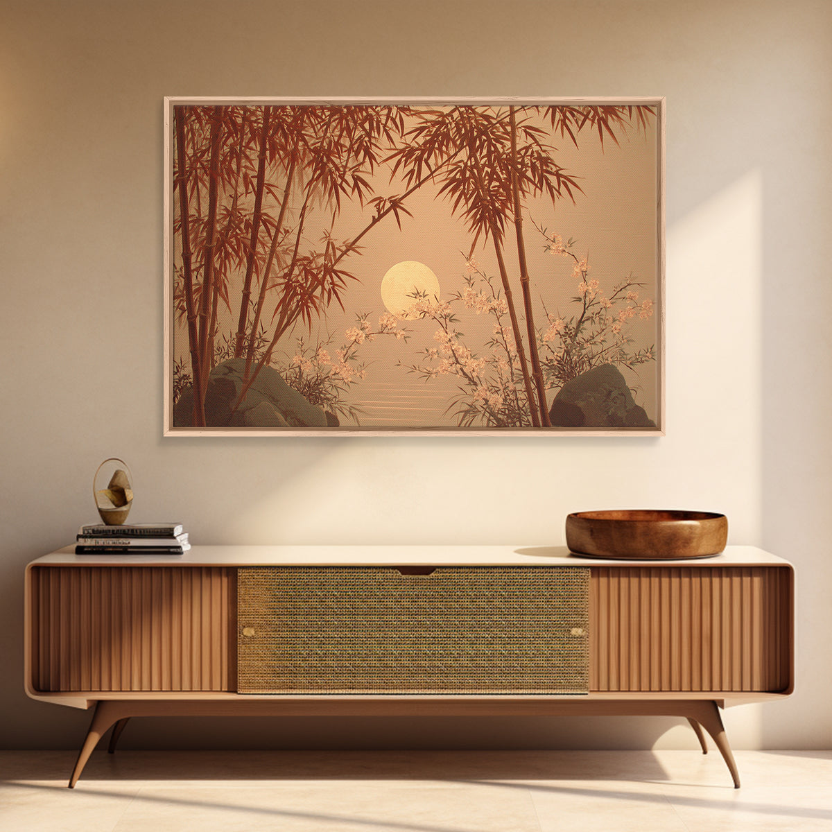 Golden Moon Behind Bamboo Silhouettes Framed Canvas Print, Asian Inspired Art, Zen Wall Art, Living Room Decor, Harmony, ASI-3x2-81
