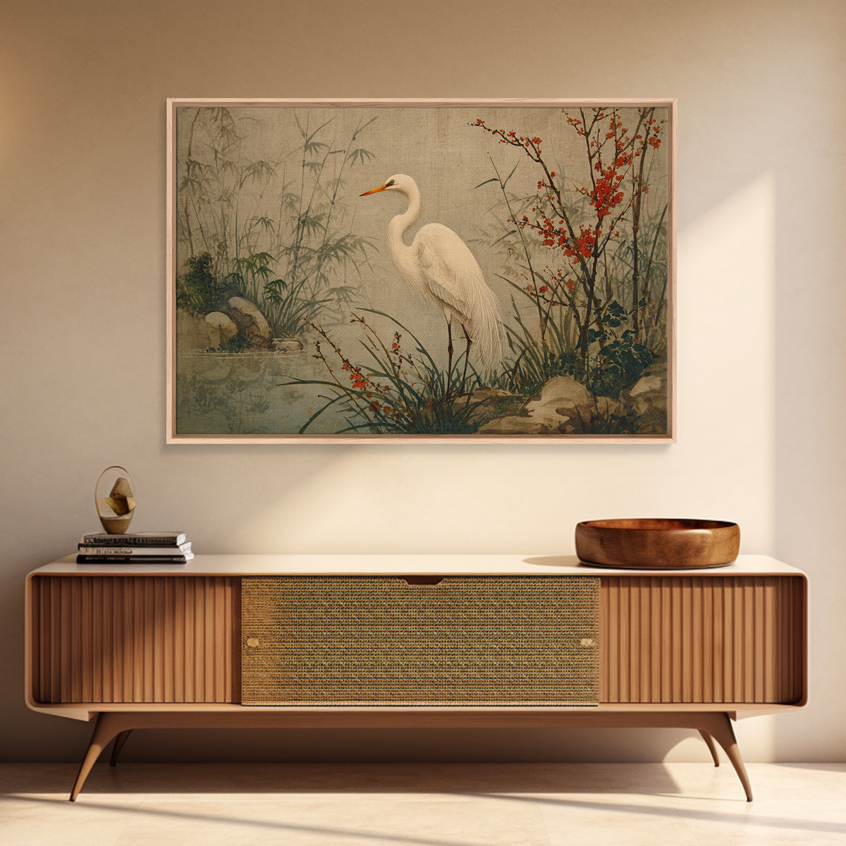 White Heron Standing Framed Canvas Print, Asian Inspired Art, Modern Wall Decor, Living Room Decor, Fine Art, Harmony, ASI-3x2-85