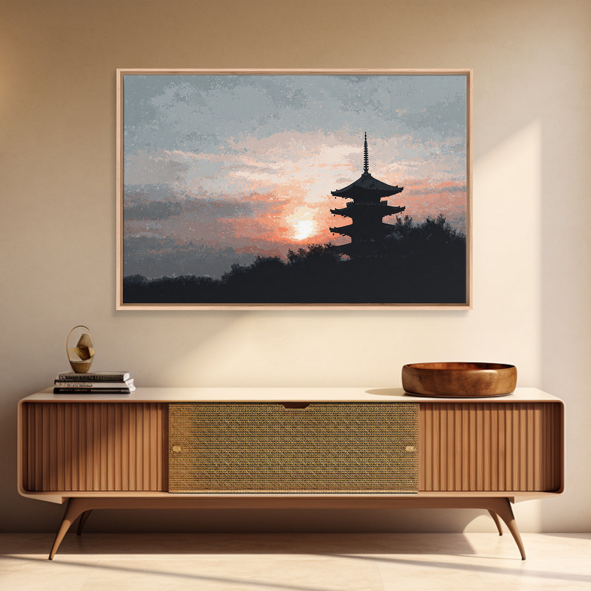 Pagoda Silhouette at Sunset Framed Canvas Print, Asian Inspired Art, Fine Art Print, Living Room Decor, Fine Art, Harmony, ASI-3x2-87