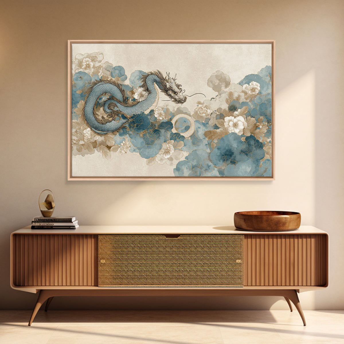 Dragon Curling Through Clouds Canvas Print, Asian Inspired Art, Spiritual Wall Art, Living Room Decor, Oil Painting, Harmony, ASI-3x2-89