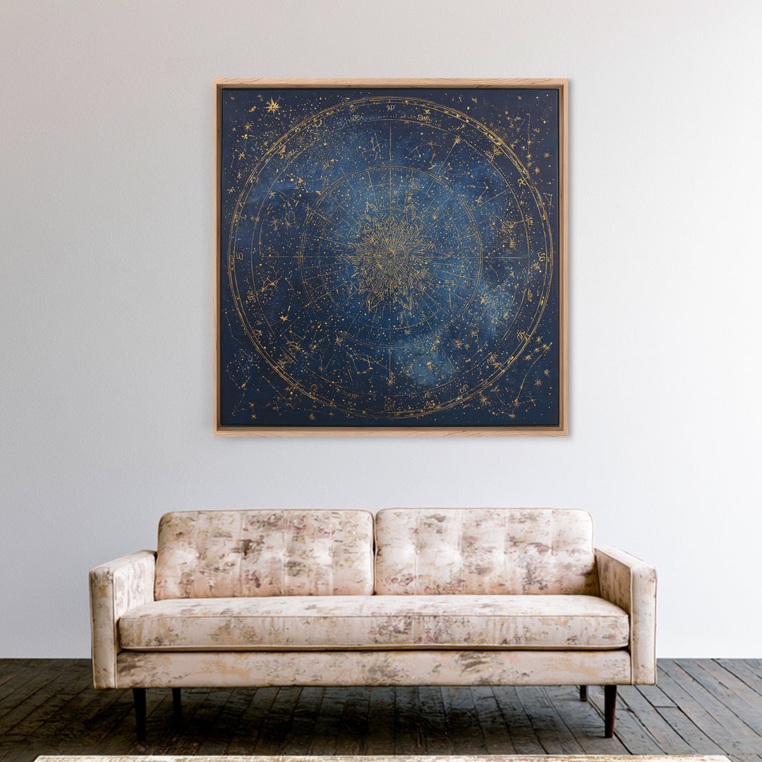 Gold Zodiac Wheel on Deep Midnight Blue Framed Canvas Print, Astrology Art, Neutral Decor, Living Room Decor, Fine Art, Zodiac, AST-1x1-1