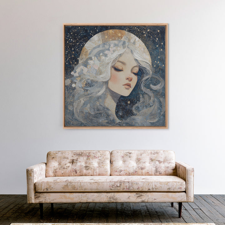 Moon Goddess with Flowing Hair and Constellations Canvas Print, Astrology Art, Celestial Wall Art, Living Room Decor, Zodiac, AST-1x1-27
