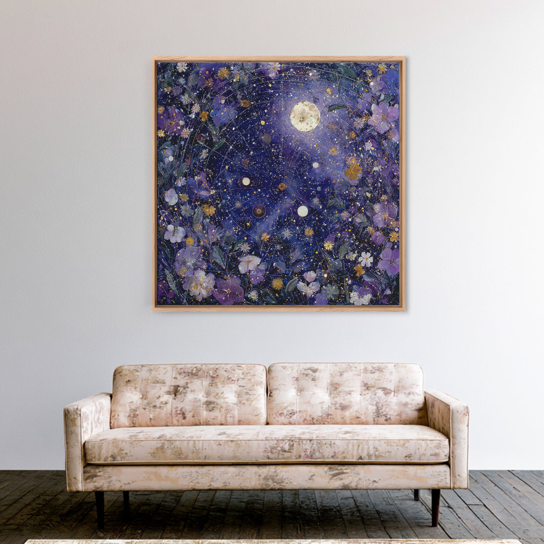 Dreamlike Night Garden Framed Canvas Print, Astrology Art, Astronomy Print, Living Room Decor, Oil Painting, Zodiac, AST-1x1-46