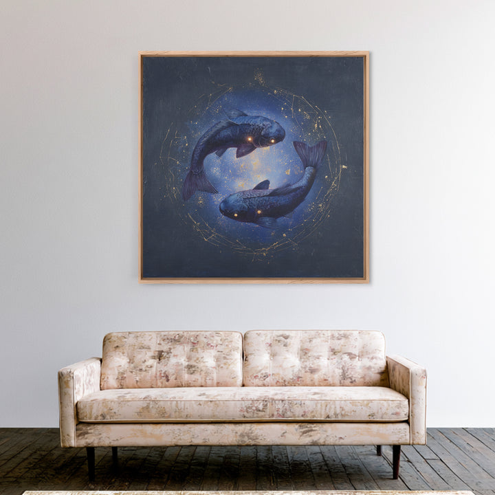 Cosmic Fish Pair Circling a Moonlit Pool Framed Canvas Print, Astrology Art, Dtf Print, Living Room Decor, Fine Art, Zodiac, AST-1x1-47