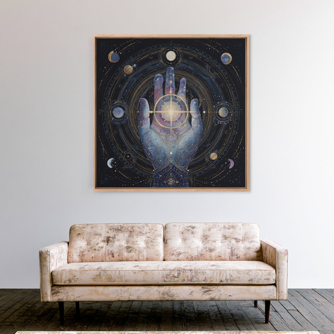 Tarot Cosmic Hand Holding a Glowing Star Framed Canvas Print, Astrology Art, Fine Art Print, Living Room Decor, Zodiac, AST-1x1-78