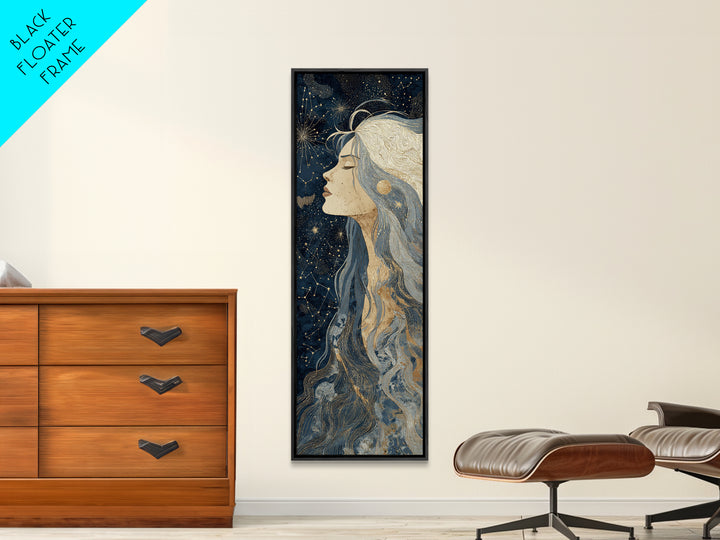 Moon Goddess with Flowing Hair and Constellations Framed Canvas Print, Astrology Art, Boho Decor, Living Room Decor, Zodiac, AST-1x3-15