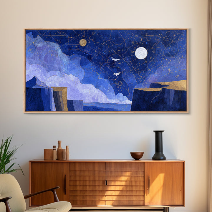 Ram Constellation Above Desert Cliffs at Night Framed Canvas Print, Astrology Art, Giclee Print, Living Room Decor, AST-2x1-100