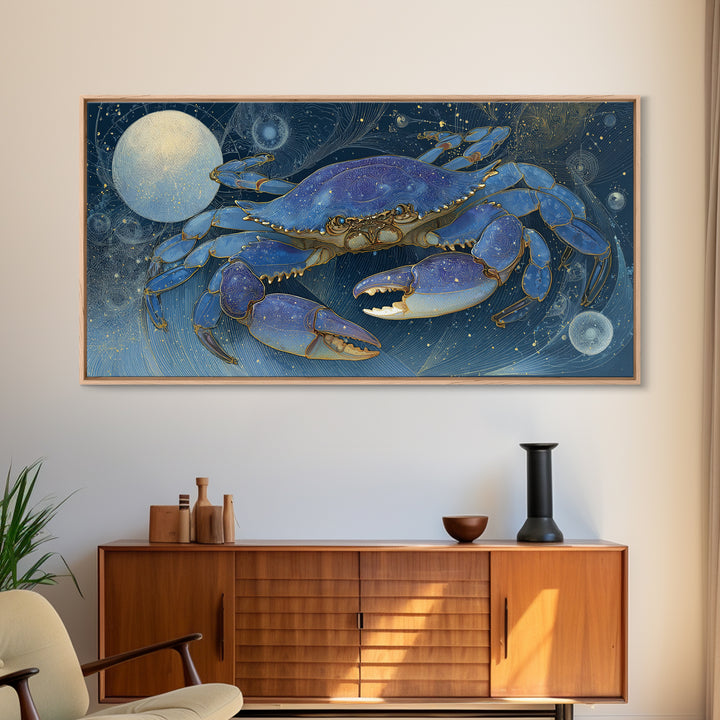 Celestial Crab under Glowing Ocean Moonlight Framed Canvas Print, Astrology Art, Room Decor, Living Room Decor, Zodiac, AST-2x1-12