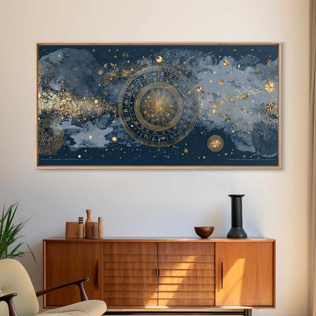 Gold Zodiac Wheel on Deep Midnight Blue Canvas Print, Astrology Art, Digital Wall Art, Living Room Decor, Oil Painting, Zodiac, AST-2x1-21