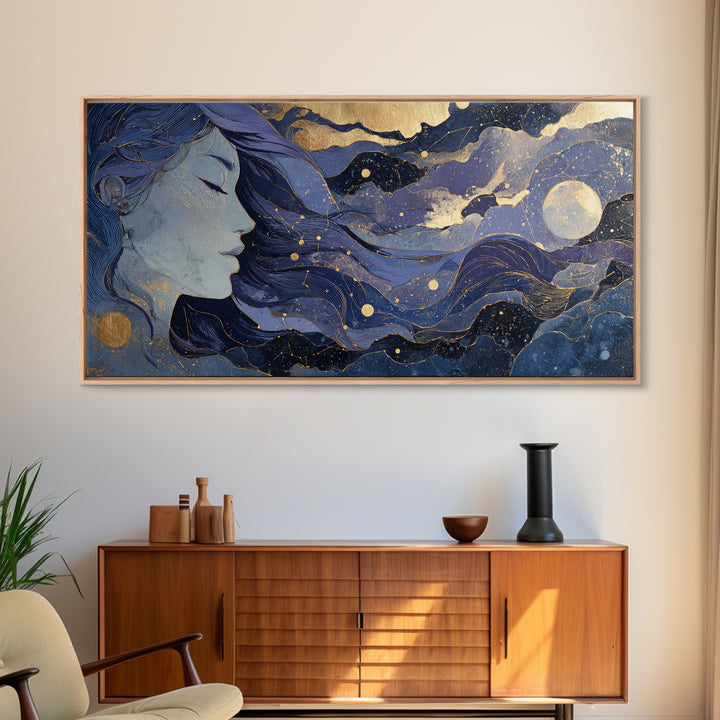 Moon Goddess with Flowing Hair and Constellations Framed Canvas Print, Astrology Art, Astrology, Living Room Decor, Zodiac, AST-2x1-23