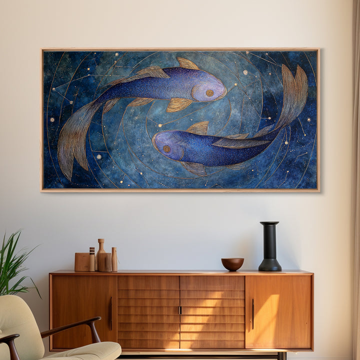 Cosmic Fish Pair Circling a Moonlit Pool Framed Canvas Print, Astrology Art, Art Nouveau, Living Room Decor, Fine Art, Zodiac, AST-2x1-43