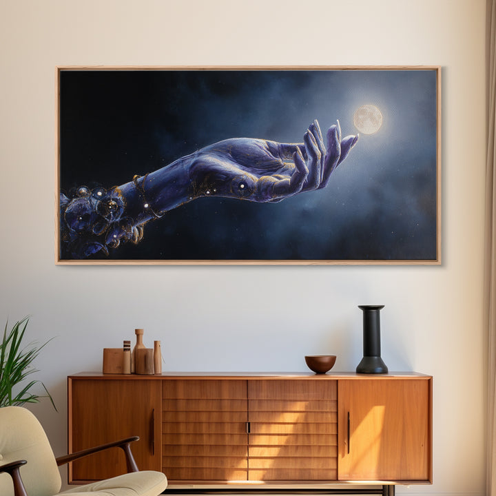 Tarot Cosmic Hand Holding a Glowing Star Framed Canvas Print, Astrology Art, Print, Living Room Decor, Fine Art, Zodiac, AST-2x1-50