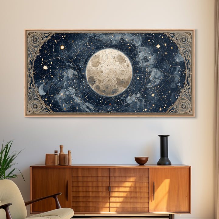 Retro Horoscope Chart Framed Canvas Print, Astrology Art, Boho Decor, Living Room Decor, Abstract Art, Zodiac, AST-2x1-65