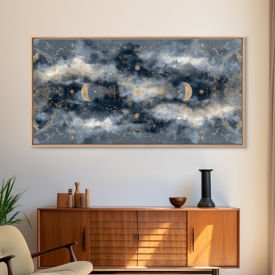 Celestial Twins Surrounded by Mirrored Moons Canvas Print, Astrology Art, Astrology Gifts, Living Room Decor, Oil Painting, AST-2x1-77