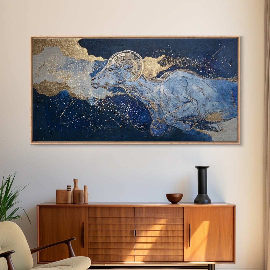 Capricorn Sea Goat Emerging from Cosmic Waves Framed Canvas Print, Astrology Art, Zodiac Sign Print, Living Room Decor, Zodiac, AST-2x1-87