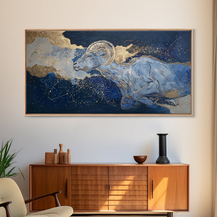 Capricorn Sea Goat Emerging from Cosmic Waves Framed Canvas Print, Astrology Art, Zodiac Sign Print, Living Room Decor, Zodiac, AST-2x1-87