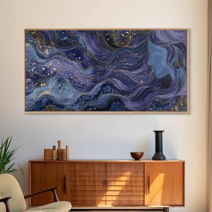 Moon Goddess with Flowing Hair and Constellations Framed Canvas Print, Astrology Art, Wall Decor, Living Room Decor, Zodiac, AST-2x1-95