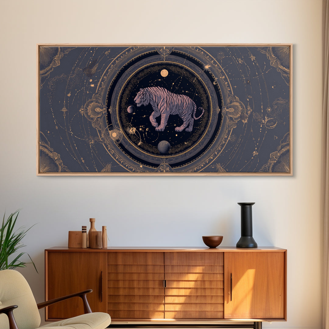 Twelve Zodiac Animals Arranged Framed Canvas Print, Astrology Art, Zodiac Sign Wall Art, Living Room Decor, Oil Painting, AST-2x1-96