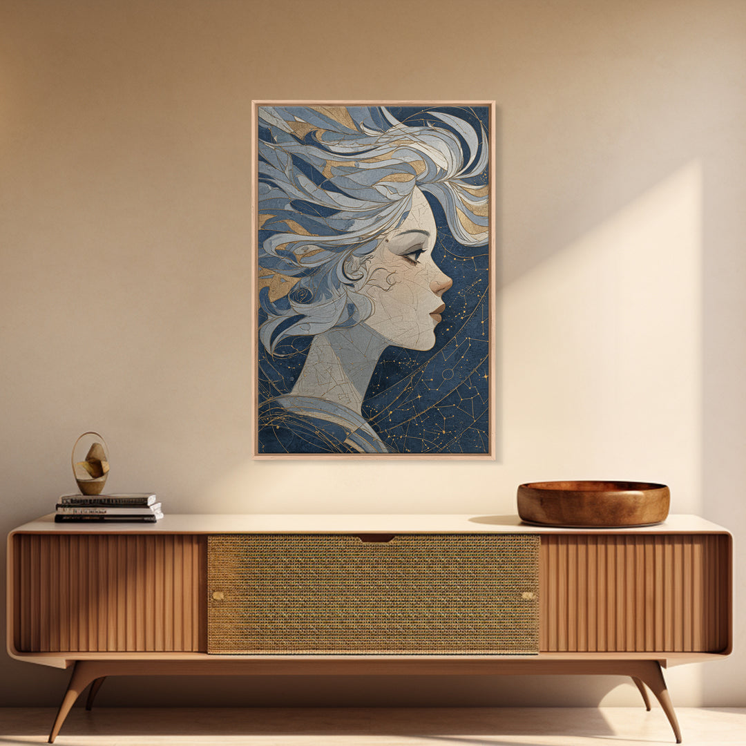 Moon Goddess with Flowing Hair and Constellations Canvas Print, Astrology Art, Astrology Gifts, Living Room Decor, Zodiac, AST-2x3-59